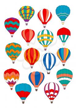 Hot air balloon icons of vector isolated inflated hopper or cloudhopper balloons aircraft with design patterns of zig zag, stripes and gondola or wicker basket in flight