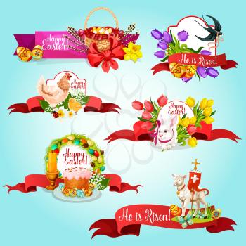 Easter ribbon banner and label set. Easter egg, rabbit bunny, spring flower, cake, egg hunt basket, chicken, lamb of God with cross, swallow bird, candle and willow twigs isolated cartoon symbols