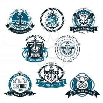 Nautical vector icons of marine ship anchor and helm, sailor compass or lifebuoy and sea waves. Isolated heraldic emblems, ribbons and badges of seafarer or voyager, vessel craftsman or shipbuilder co