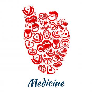 Medicine poster with heart symbol of vector cardiology medications and blood donation concept. Donor health design with cardio healthcare items of heart pulse and human helping hand