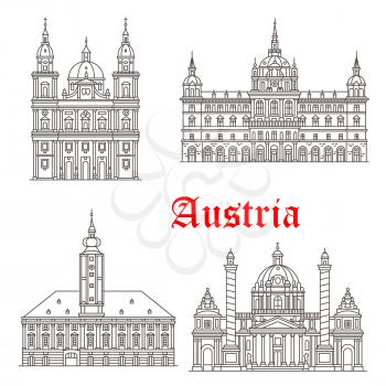 Austrian historic architecture buildings and Austria sightseeing symbols. Vector isolated icons and facades of Salzburg and St Polten cathedral, Graz town hall, Karlskirche or St Charles Church in Vie