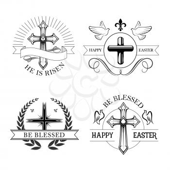 Easter holiday religious cross isolated emblem set. Christian and catholic crucifix with dove birds, heraldic laurel wreath and ribbon banner with text He Is Risen, Happy Easter and Be Blessed