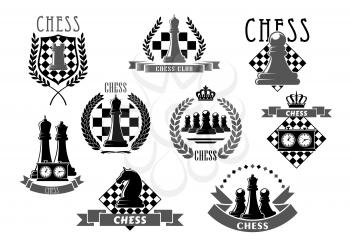Chess club vector icons of chessboard and chessman game pieces king and queen, rook or pawn and knight bishop. Isolated crown emblems, ribbons and laurel wreath for chess sport tournament or champions