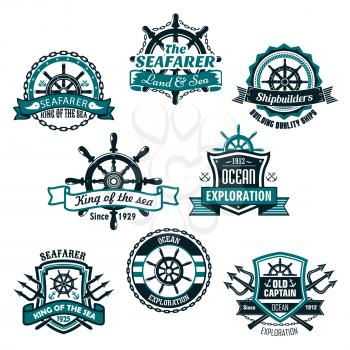 Nautical heraldic icons of marine ship anchor, trident and helm. Emblems heraldry and shields of sailor compass or lifebuoy and sea waves. Isolated ribbons and badges of seafarer or voyager and shipbu