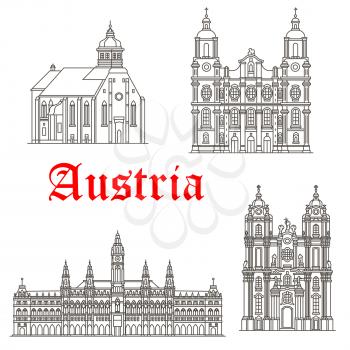 Austria historic architecture and Austrian famous buildings symbols. Vector isolated icons and facades of Graz and St James cathedral, Wiener Rathaus or Vienna town hall and Melk Abbey monastery