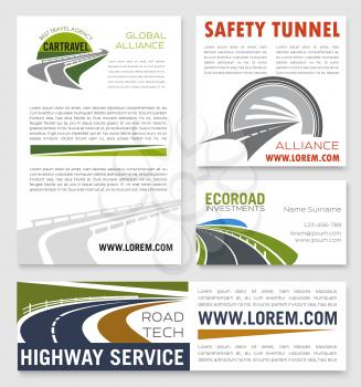Highway service company banners set for tunnels and motorways safety construction. Vector business card templates set of expressway drives, transport routes for transportation, travel and road buildin