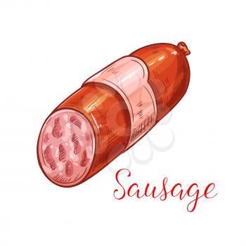 Cut sausage with tag vector icon. Isolated pepperoni wurst of bacon or ham. Smoked meat bratwurst or salami kielbasa and chorizo or saucisson for gourmet gastronomy or butchery meat delicatessen