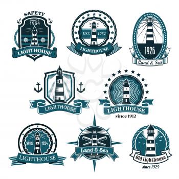 Lighthouse or nautical beacon heraldic icons of marine anchors, sailor compass, ship helm and seagulls. Heraldry emblem shields and ribbon badges with stars