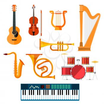 Guitar, synthesizer piano and drum station vector icons. String, wind and key musical instruments of isolated harp, sax or saxophone, trombone or trumpet and fiddle violin for orchestra or jazz music