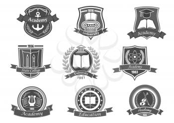 University and academy or college vector icons. Emblems or shields set for high school education graduates in maritime science, music or law. Ribbons and badges of bachelor hat, laurel wreath, book an