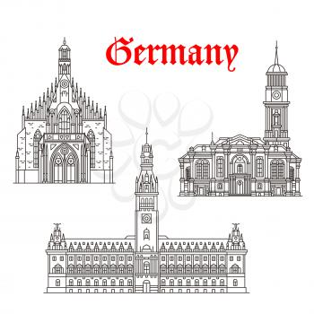Germany architecture and German famous landmark buildings. Vector isolated icons and facades of Hamburg Town Hall or Rathaus, Frauenkirche or Our Lady and St Michaelis or Michael Church