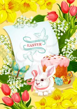 Easter holiday and Egg Hunt poster. Easter rabbit bunny, decorated egg and cake, surrounded by spring flowers of tulip, narcissus, lily of the valley with flying butterfly and paper greeting card