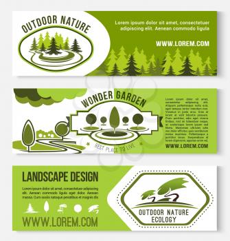 Landscape design and nature gardening vector banners. Set of outdoor garden and forest forest for green horticulture service or house ecology park planting and village house construction company