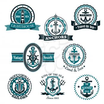 Nautical heraldic or marine vector icons. Emblems and heraldry badges of lighthouse or beacon light, shop anchor and helm, sailor compass and trident with shields, ribbons and stars