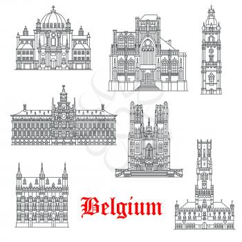 Belgium architecture and famous landmark buildings. Vector isolated icons and facades of St Christopher, Peter or Gudula church or Sint Pieterskirk, Mons Belfry or Bruges Town Hall and Antwerp City Ha