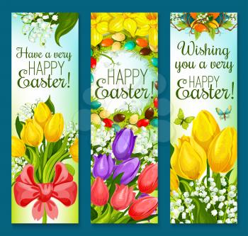 Easter eggs and flowers cartoon greeting banner set. Spring flowers of tulip, narcissus, lily of the valley and floral wreath of Easter eggs, decorated by red ribbon bow and flying butterflies