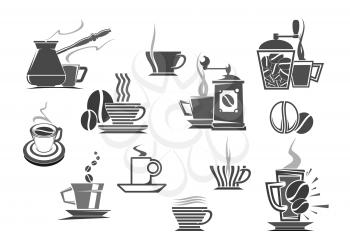 Coffee makers, mill grinders and brew pots vector icons of espresso or cappuccino cup, hot moka steam or cold frappe mug. Emblems of cezve jug and roasted coffee beans for cafe or cafeteria sign