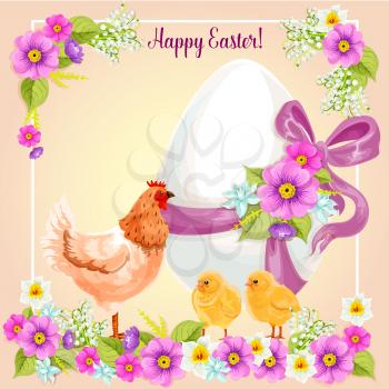 Easter greeting card of paschal egg with floral bow ribbon, chicken and chicks in spring flowers. Vector Easter greeting card design for Resurrection Sunday religion holiday