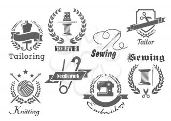 Sewing studio or tailor atelier vector icons. Emblems for embroidery, tailoring or knitting needlework with sew thread in needle and thimble, scissors and wool clew, sewing machine and cloth ribbons w