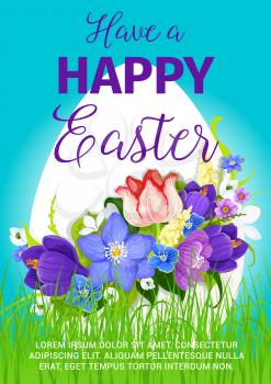 Easter greeting poster of paschal egg and spring flowers bow bunch on grass meadow. Vector bouquet crocuses, daffodils and lily tulips design template for Happy Easter religion holiday card