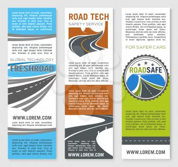Road construction technology and service vector banner set for highway or motorways building company. Design for transport safety and cars or vehicles traffic reliability