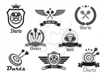 Darts club or contest vector icons set. Emblems for dart game competition and winner award of dartboard and arrows. victory cup and banner or heraldic wings and laurel wreath or crown with stars