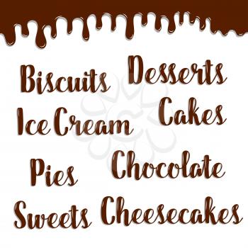 Pastry desserts names of chocolate fondant. Vector writings of biscuit, pie, ice cream, cake and cupcake, sweets and cheesecake for bakery shop or patisserie poster