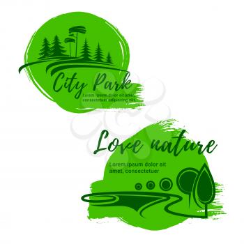 Nature ecology vector icons of city park and green environment. Emblems of ecology, trees or forest and green city or urban outdoor eco village. Horticulture landscape design or planting and gardening