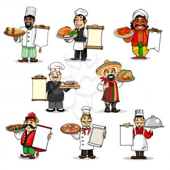 Chefs holding restaurant menu of european, japanese, mexican, arabian and italian cuisine. Traditional dishes of chicken and fish, seafod sushi, doner, kebab and tacos or burritos and pizza. Vector te