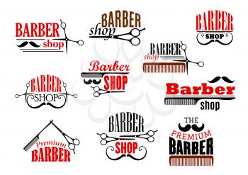 Barber shop emblems set. Vector icons of beards and mustaches shaving razor and haircut scissors and hairbrush combs for barbershop salon, premium hairdresser coiffeur or hipster trend haircutter