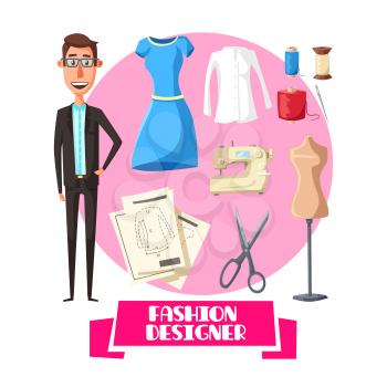 Fashion designer man or dressmaker profession. Vector dress or woman blouse shirt and dummy mannequin model for cloth fitting pattern cut. Threads with sewing machine and needle or scissors for appare