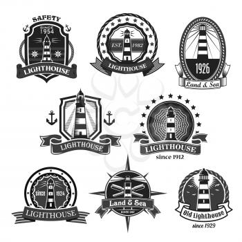 Lighthouse or marine ship beacon icons of heraldic nautical anchors, sailor compass or ship helm and seagulls. Heraldry symbol of shields and ribbon badges with stars