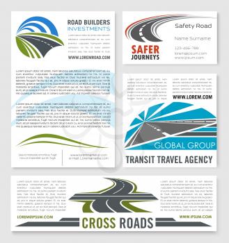 Road construction and investment company vector templates of banner and corporate business card for transit travel agency or highway or motorway safety transportation service