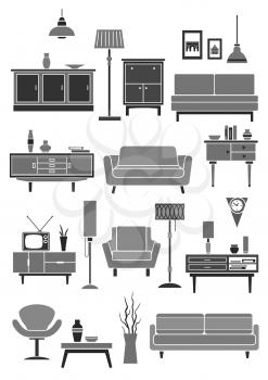 Home and room furniture icons. Isolated set of chair or armchair, sofa and table, chest or wardrobe. Vector interior items of floor lamp and wall clock, flower vase and tv stand, bookshelf and picture