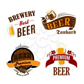 Beer pub or bar and brewery icons. Vector isolated symbols of ale mug and frothy beer glass, wood barrel of lager and draught alcohol drink for premium brewpub or brewery company sign and beer festiva