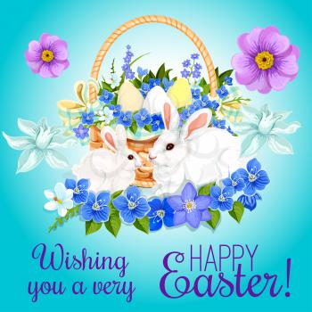 Happy Easter greeting card of paschal eggs and bunny rabbits in wicker basket and springtime flowers bunch of crocuses, daffodils and tulips. Vector design for Easter religion holiday wishes