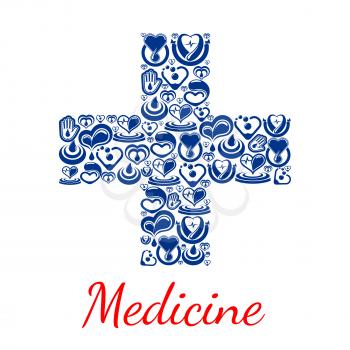 Medical cross symbol or medicine poster. Vector heart cardiology medications and blood donation concept. Donor health design with cardio healthcare items of heart pulse and human helping hand