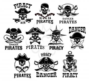 Pirates skulls and Jolly Roger symbols. Captain skeleton in sailor bandana or tricorne hat with patch on eye. Vector isolated icons of piracy robbers flag with anchor or cannon gun, crossed swords and