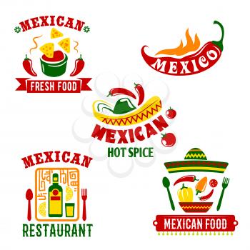 Mexican restaurant or cafe bar icons set. Mexico cuisine vector symbols of spicy chili pepper jalapeno, tequila drink and lime, nachos chips with salsa sauce and traditional sombrero hat