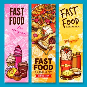 Fast food sketch welcome banners or menu. Vector burgers sandwiches, desserts and pizza. Fastfood french fries, burrito doner and kebab, ice cream, donut and coffee soda drinks for delivery