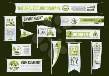 Templates of banners, flags, ribbon or billboards and signboards for green eco environment protection and ecology company to save the world. Vector isolated advertising campaign icons of trees and par