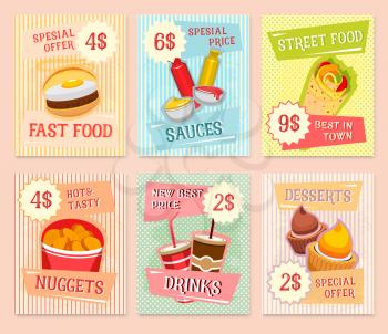 Fast food price cards templates. Vector menu snacks and special offer meals of hamburger burger or cheeseburger, chicken nuggets, gyros doner or burrito wrap with ketchup and mustard sauce, muffins an
