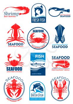 Seafood and fish food icons and symbols of squid or cuttlefish, lobster crab and shrimp prawn, tuna, salmon or trout and fresh herring. Vector icons set for restaurant menu or sign