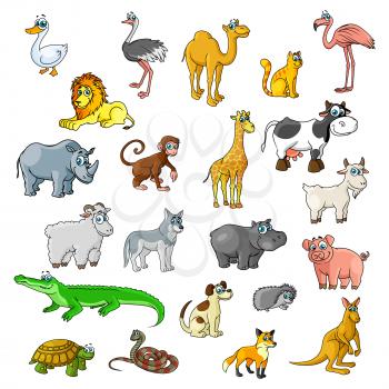 Cartoon zoo animals and pets. Duck, ostrich and flamingo birds, camel and cat. Wild lion, cow and rhinoceros, monkey and african giraffe. Vector isolated icon of goat or ram, hippopotamus, wolf dog an