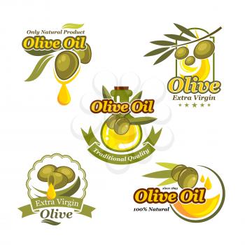 Olive oil vector isolated icons set for bottle and product label templates. Green olives and extra virgin natural organic oil drop for farm store or market, cooking and cosmetic or pharmaceutical indu