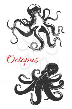 Octopus isolated icon set. Dangerous octopus marine animal with curled tentacles. Black sea monster for tattoo, t-shirt print or zoo aquarium symbol design