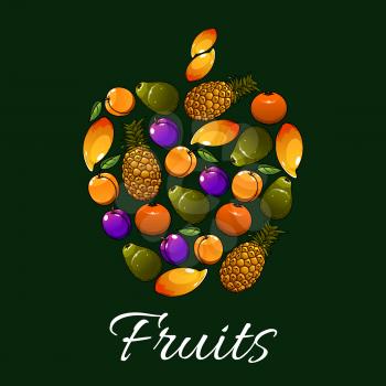 Apple fruit sign with orange, peach, pineapple, mango, plum, avocado. Tropical fruits in a shape of apple for food and juice packaging, organic farming theme design