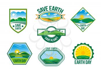 Save Earth badges and symbols of green nature and planet clean environment. Design template for 22 April global ecology pollution protection Earth Day. Vector isolated set