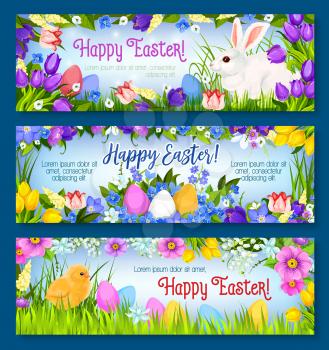 Happy Easter greeting banners set. Vector paschal hunt design of eggs, bunny and chick in spring flowers bunch of narcissus, crocuses, daffodils and lily tulips. Easter or Holy Sunday religion holiday