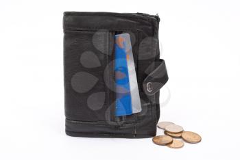 Coins and plastic cards in black wallet 